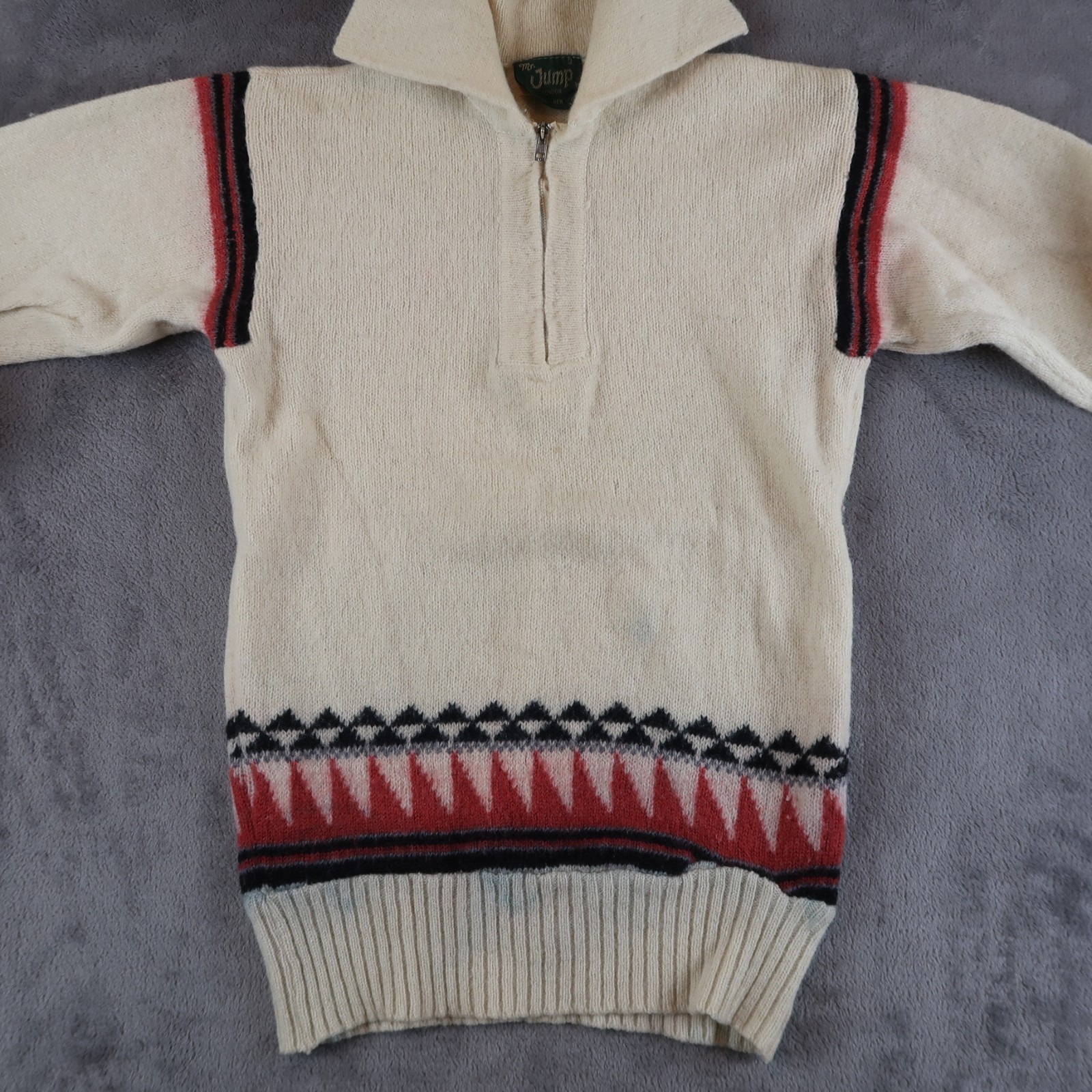 Vintage 70s Mr Jump Sweater Size 3 Collared 1/4 Zip Pullover Ivory Aztec