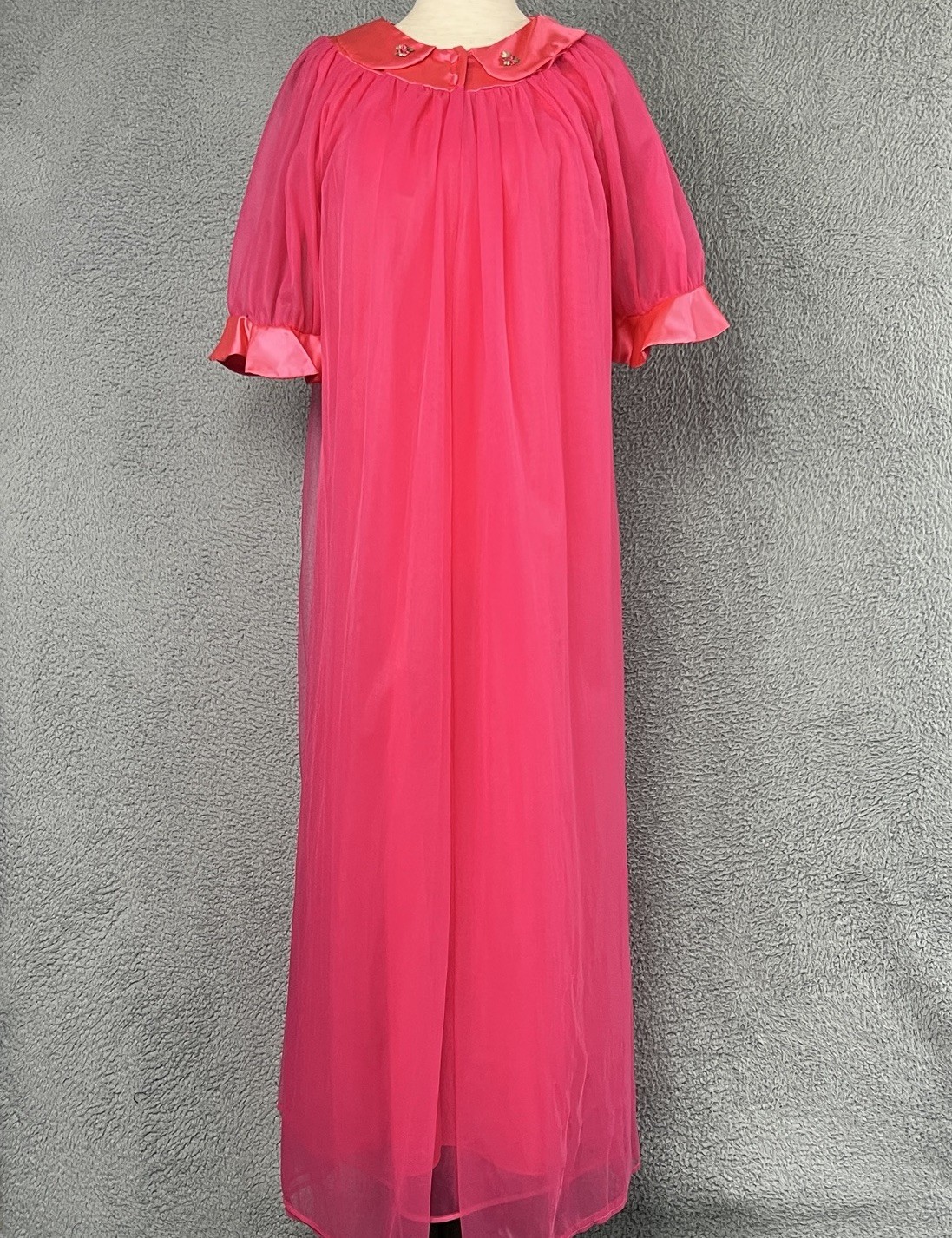 Vintage 60s Peignoir Set Chiffon Nightgown and Robe Bright Bold Pinkish 18″ PTP