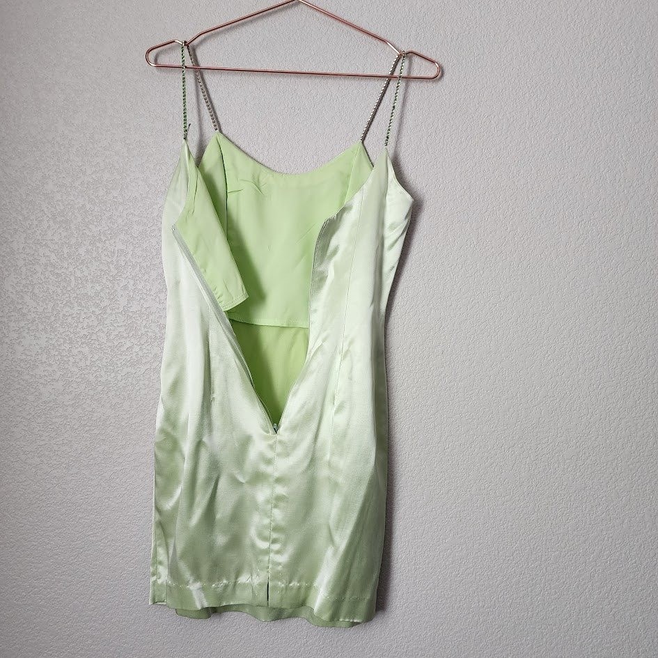 JESSICA MCCLINTOCK 90s Y2K Satin Slip Dress Mint Green Rhinestone McBling 5/6