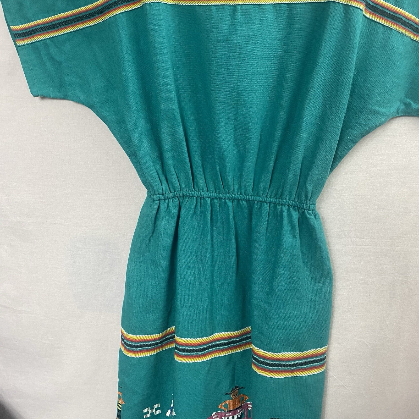 Vintage Guatemalan Teal Embroidered Cotton Dress – Handmade Artisan Lupita -Sz S