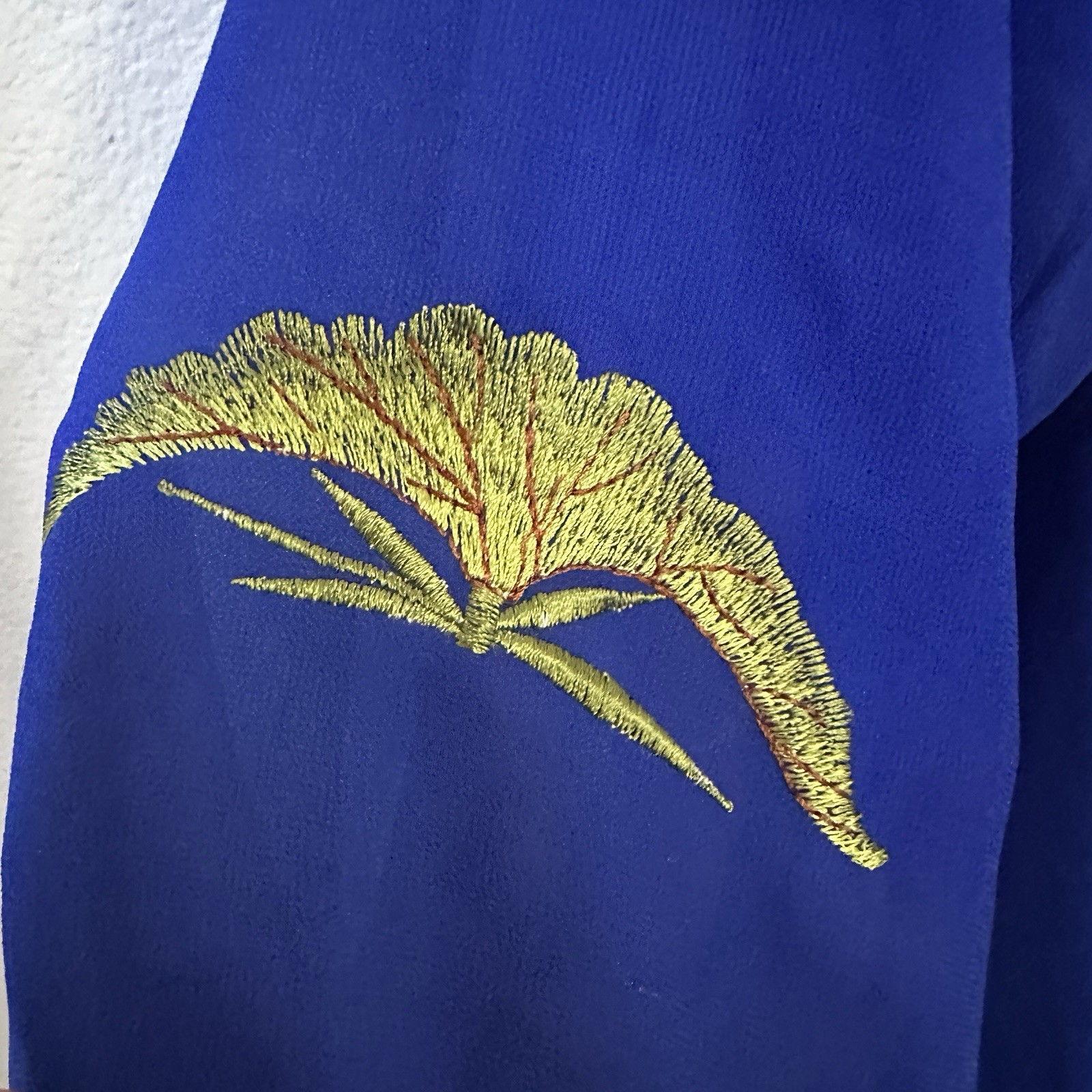 Vintage Inspired Sheer Blue Asian Dress Size 52 – Embroidered Gold Floral Design