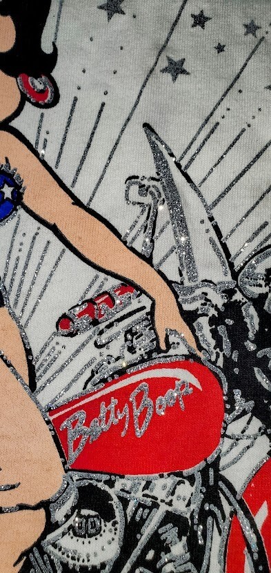 DIAMOND DUST Betty Boop Glitter Motorcycle Graphic Women T Shirt L White ’94 Rad