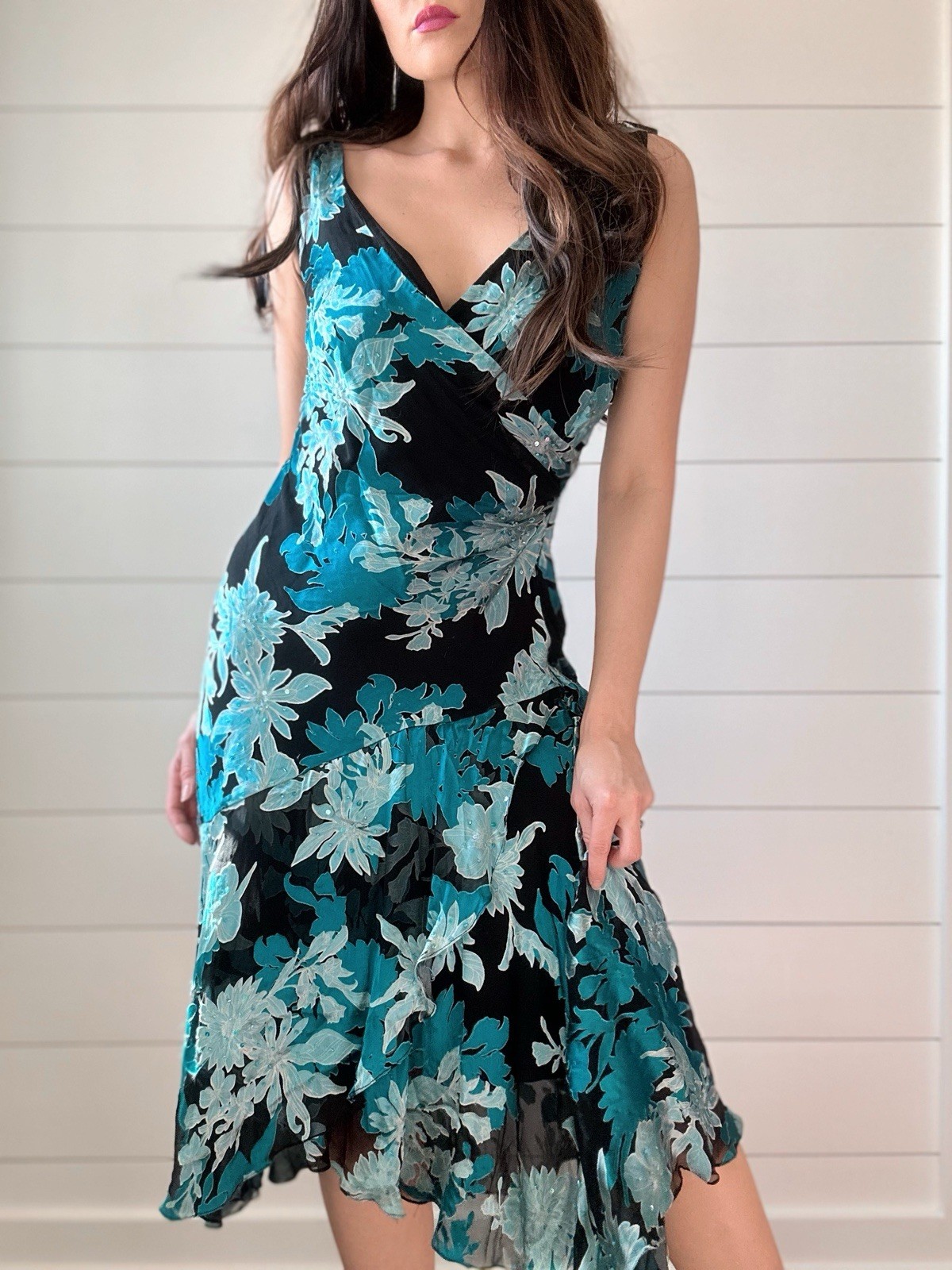 Vintage Silk Dress Blended Fabric High Low Chiffon Slinky 90s Floral Beaded