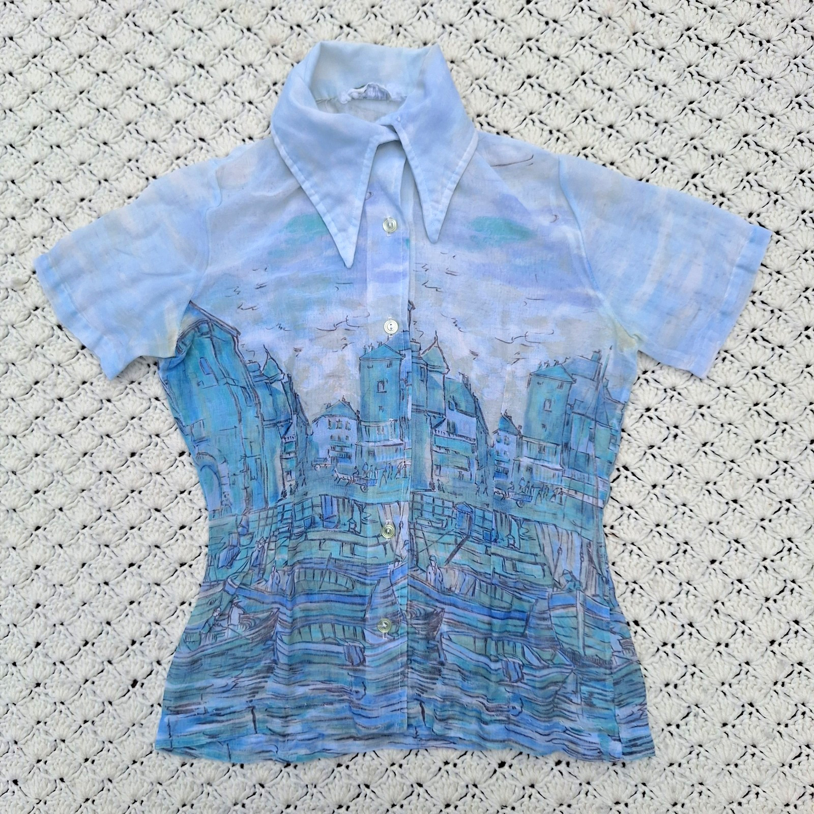 Vtg Frank Lee Disco Womens Short Sleeve Collared Graphic City Shirt – Small