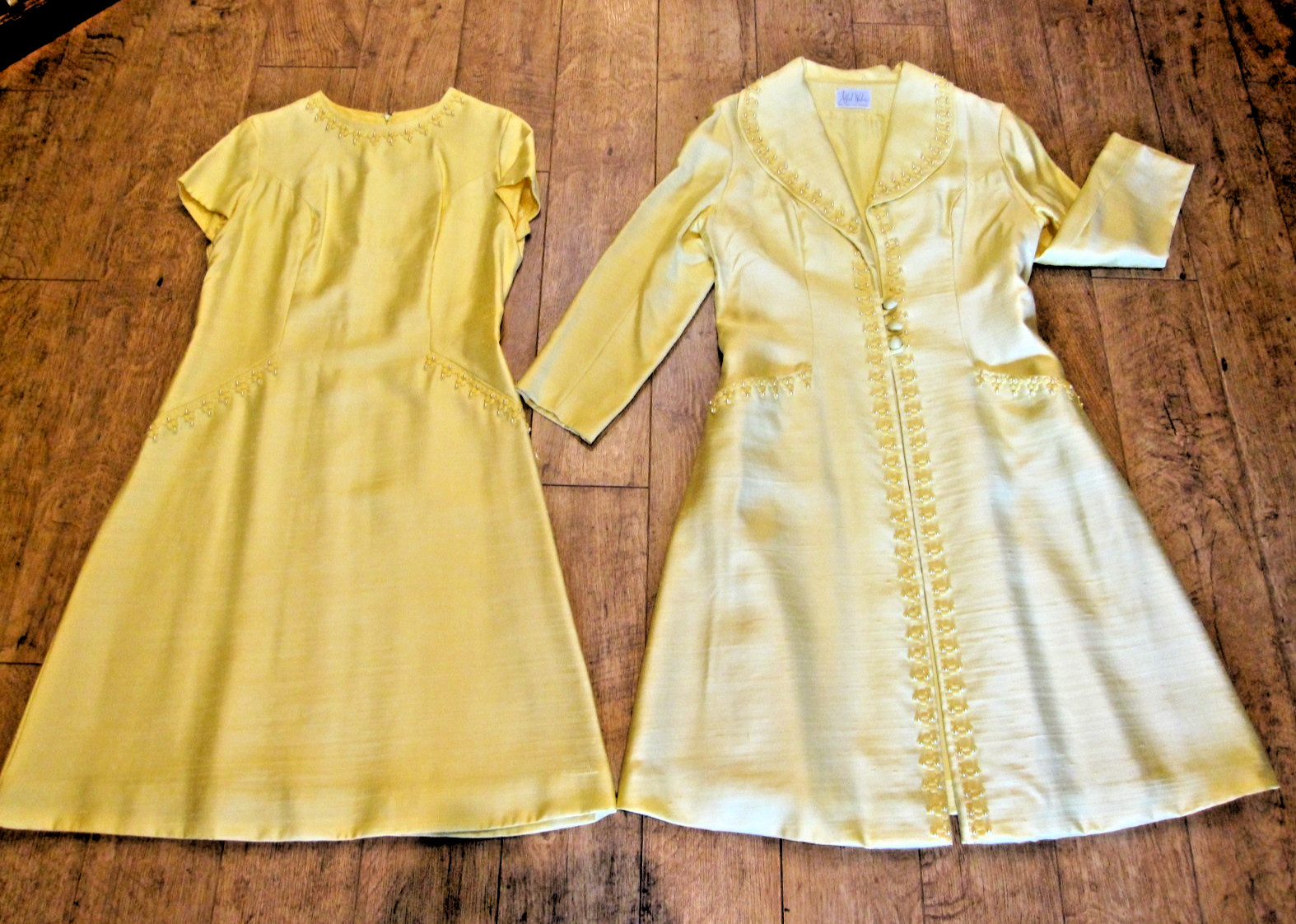 Vtg 1960s 2 Piece COAT DRESS SET pearl & lace embellishments sz.12 Alfred Werber
