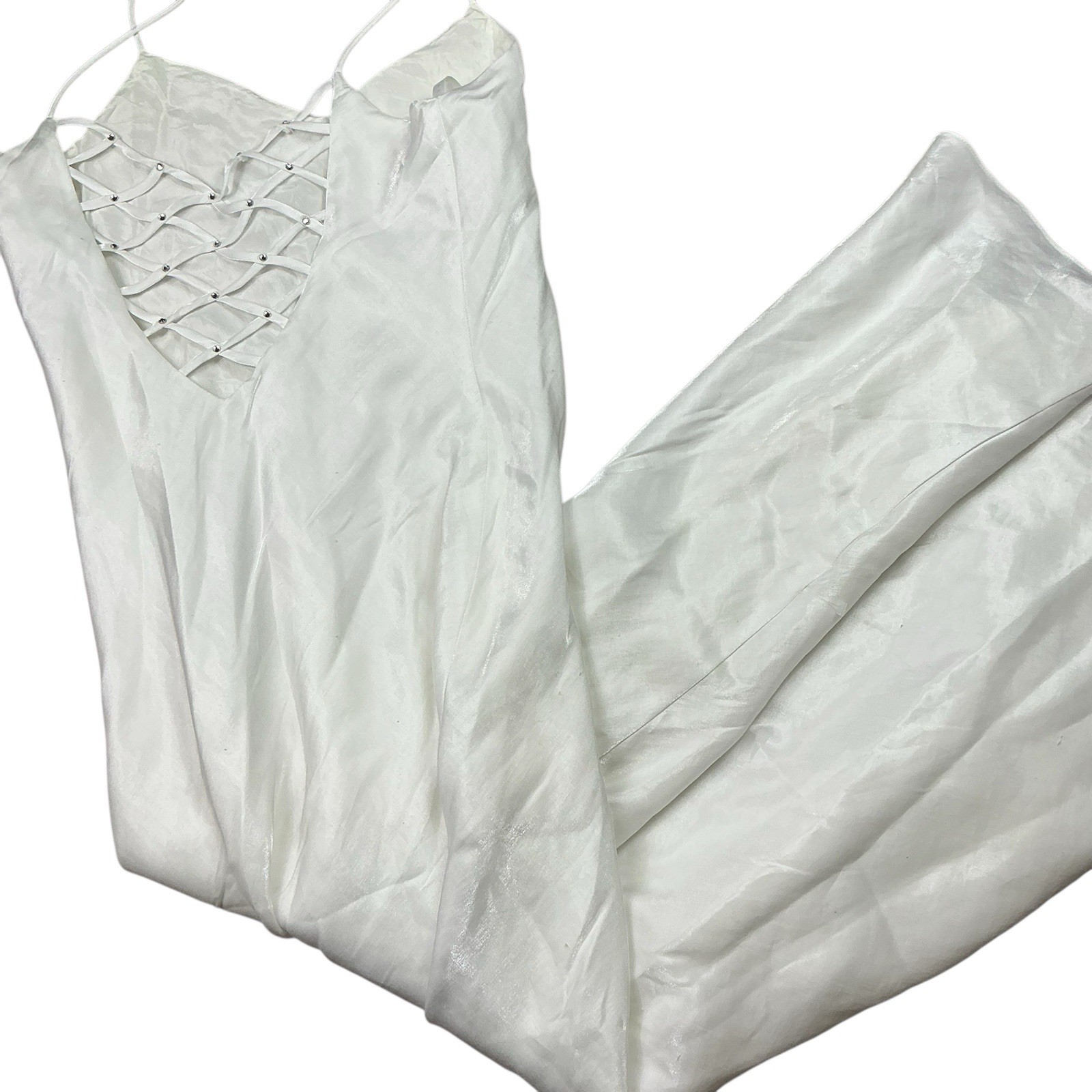 Vintage Niki Sivas pearly white sleeveless gown w/rhinestones 100% acetate XS/S