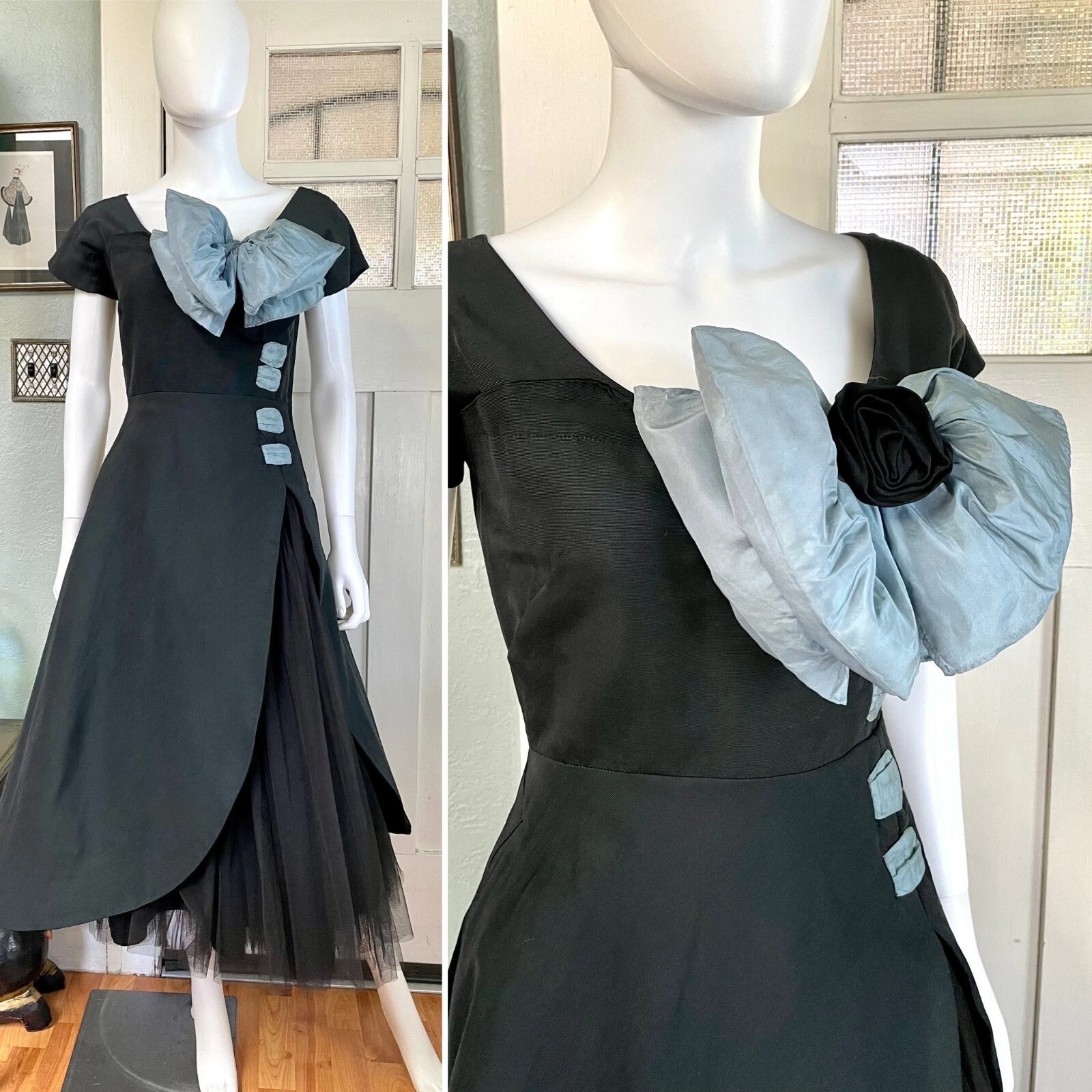 True Vintage 50s Small Medium Cadillac Originals black faille with bow dress