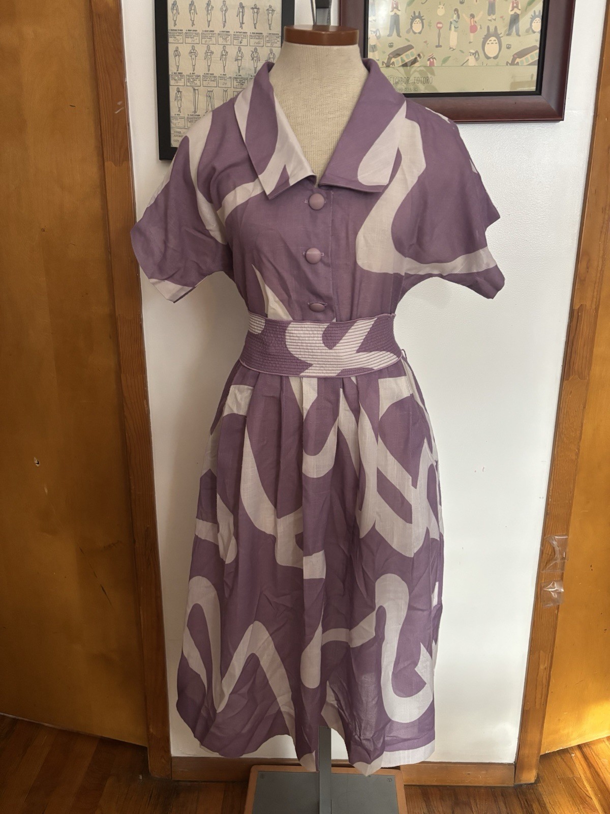 VINTAGE: LESLIE FAY *UNION MADE Geometric Shirt Dress Sz.S/M (LILAC-WHITE)