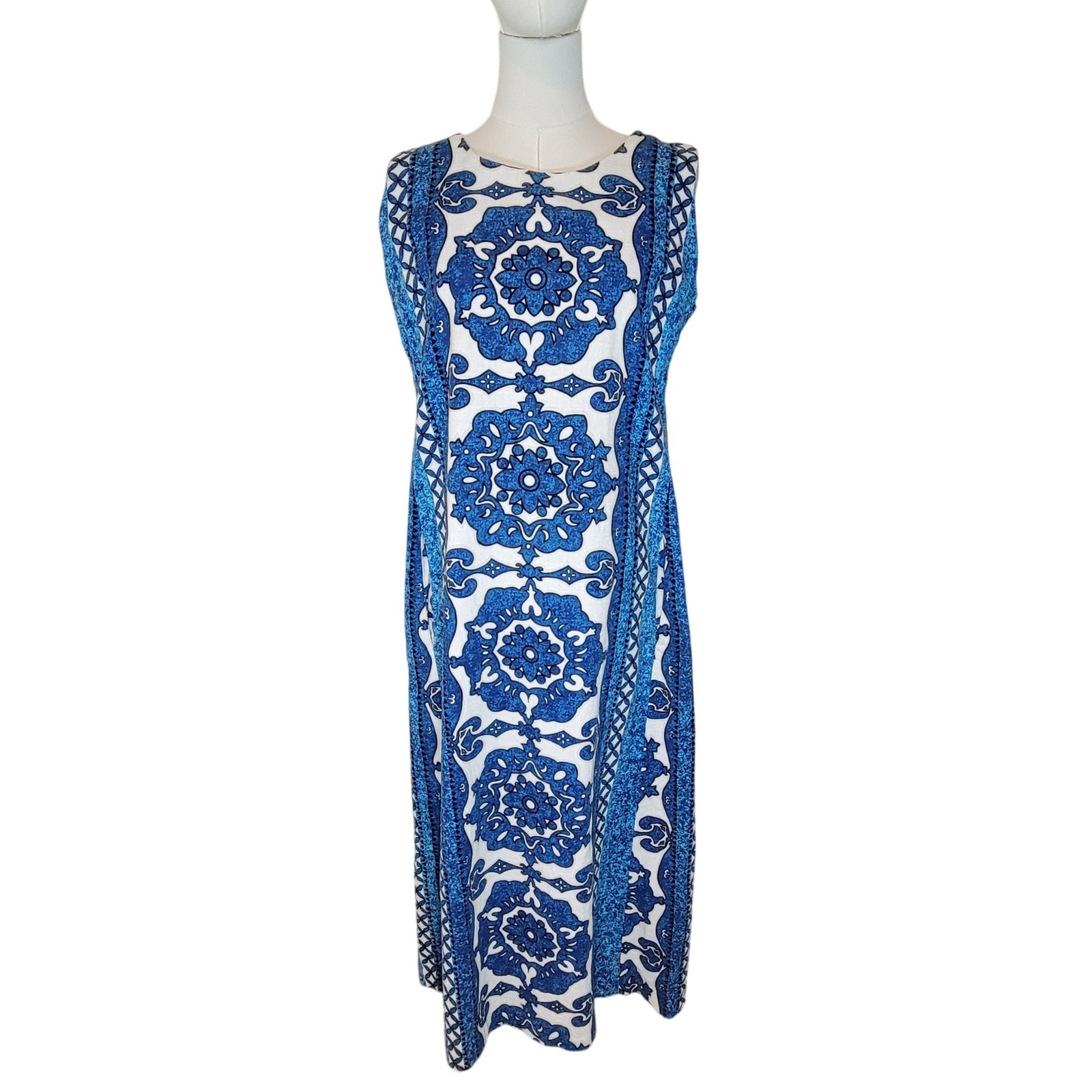 Diamond Head Vintage Hawaiian Dress Blue White Midi Tropical Resort Vacation