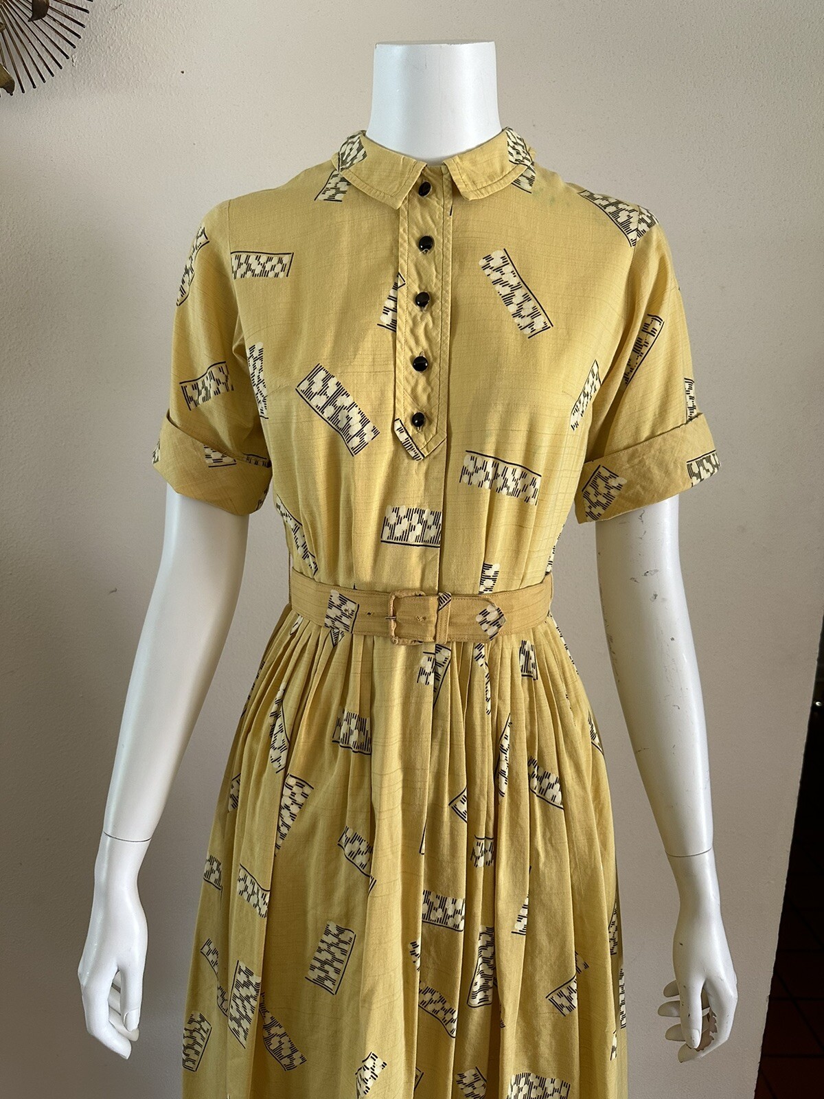 1950s Cotton Day Dress w/ Belt Novelty Pop Art Geometric Print MCM Party S VTG
