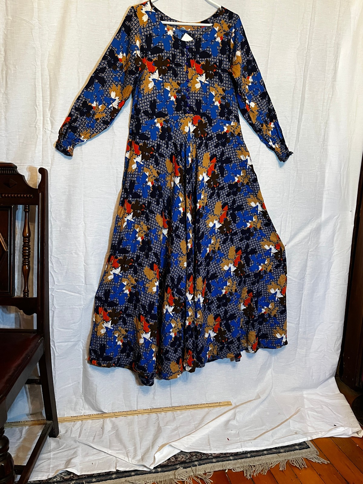 Vintage 90s Chandni Vibrant Dress with Flared Skirt, Long Sleeves S