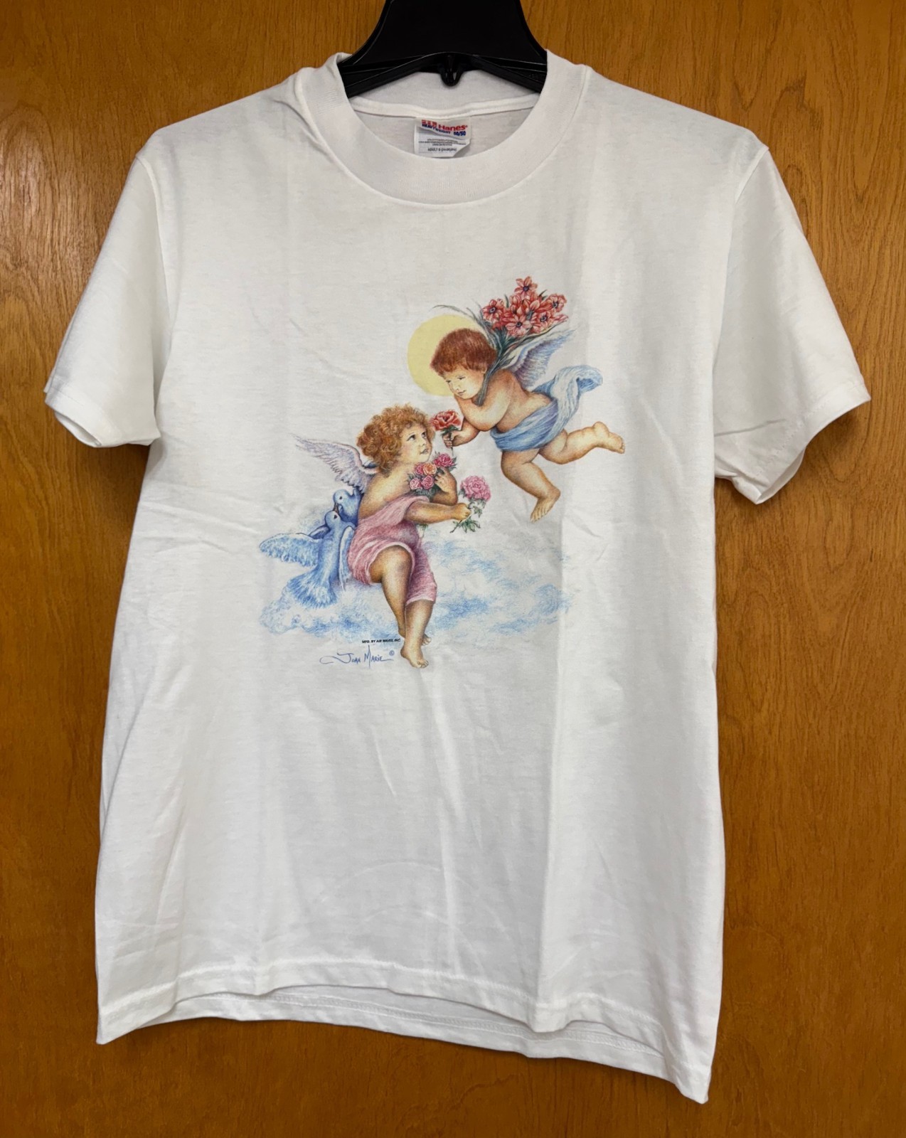 New Hanes 90s T-Shirt Adult Small Cherub Angels Joan Mar AIR WAVES NWOT White