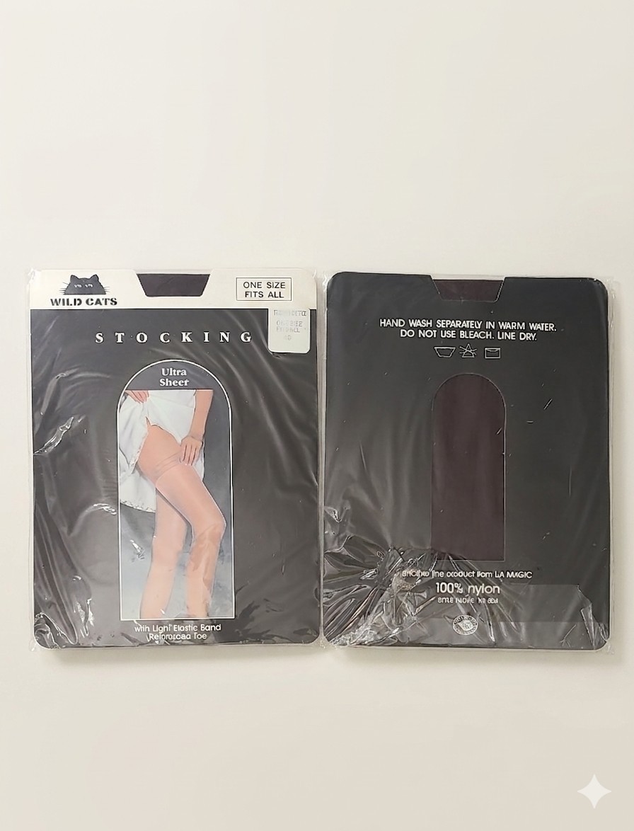 Vintage Wild Cats Ultra Sheer Stockings Off-Black 100% Nylon NOS 2 Pack Bundle