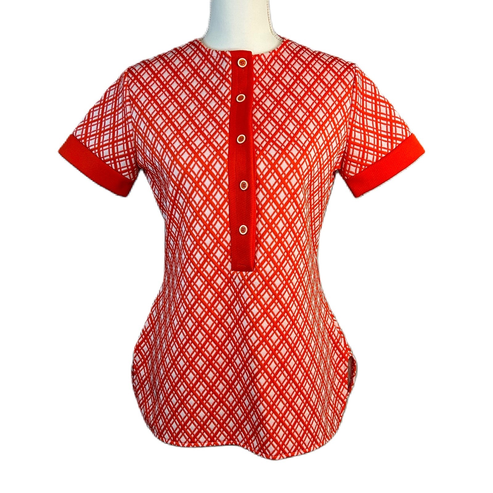 JCPenney Womens True Vintage 70s Top M Orange Geometric Knit Retro Mod Kitchy