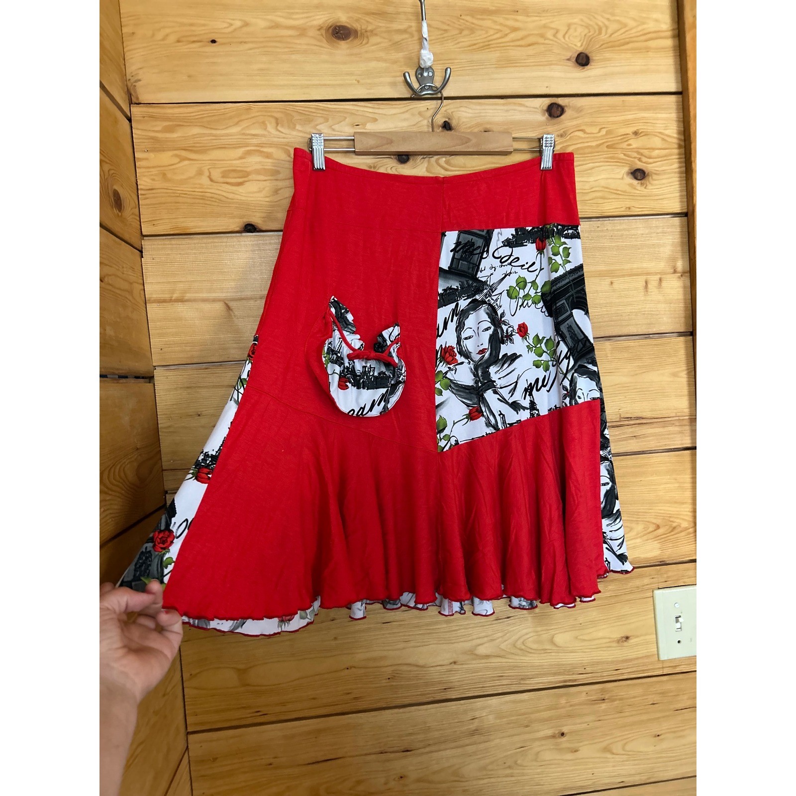 Vintage Parisian Graphic Print Midi Flare Skirt Large Red Patchwork Handmade 90s