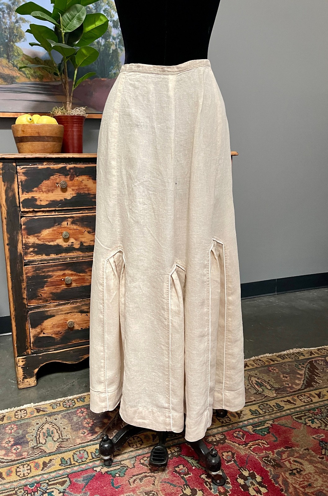 Antique Edwardian Linen Walking Skirt Ecru Ivory Cream Pleated Insets 24W 1900s