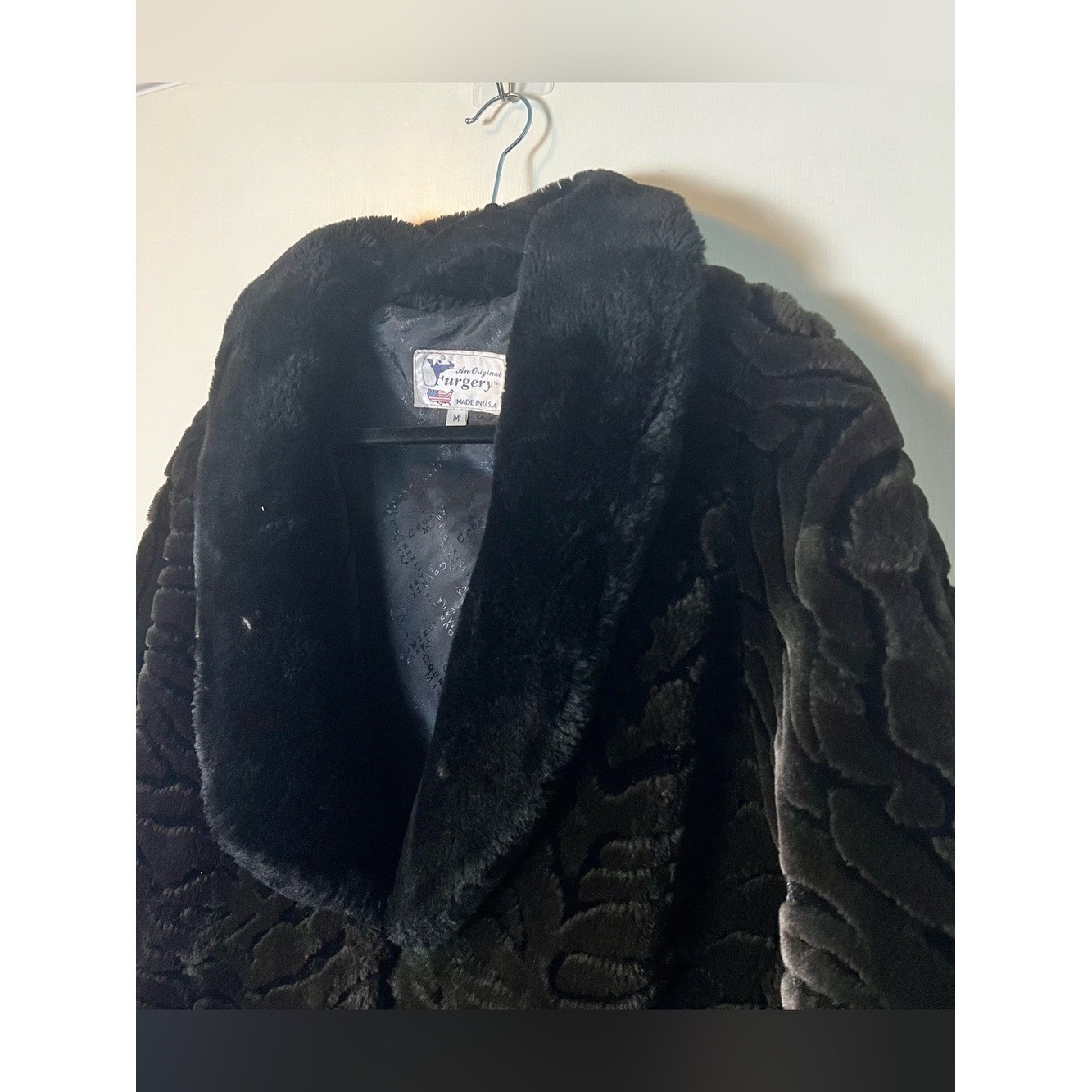Vintage The Original Furgery Black Faux Fur Shawl Collar Jacket Sz. M