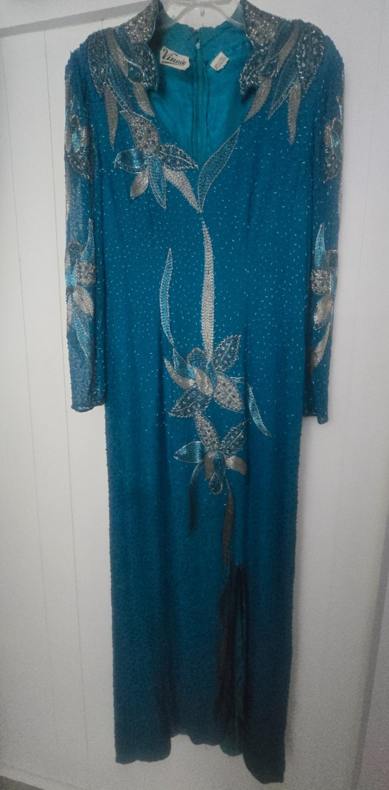 Vintage VINNIE Long Green, Teal, Silk Beaded Dress size XL