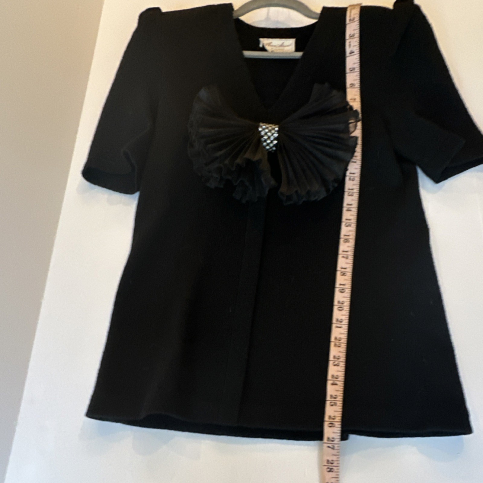 Vintage Ann Stuard Black Knit Bow & Pleated Accents V-Neck Short Sleeve Blouse
