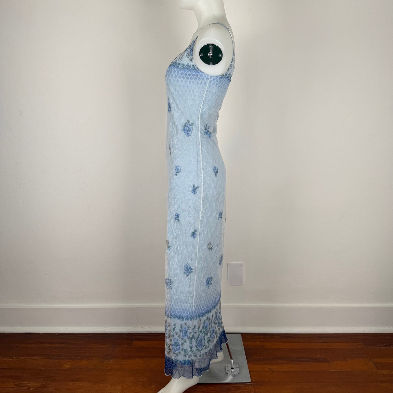 VTG Mesh Slip Dress Maxi 90s Y2K Blue Floral Juniors SZ Large (FLAWS