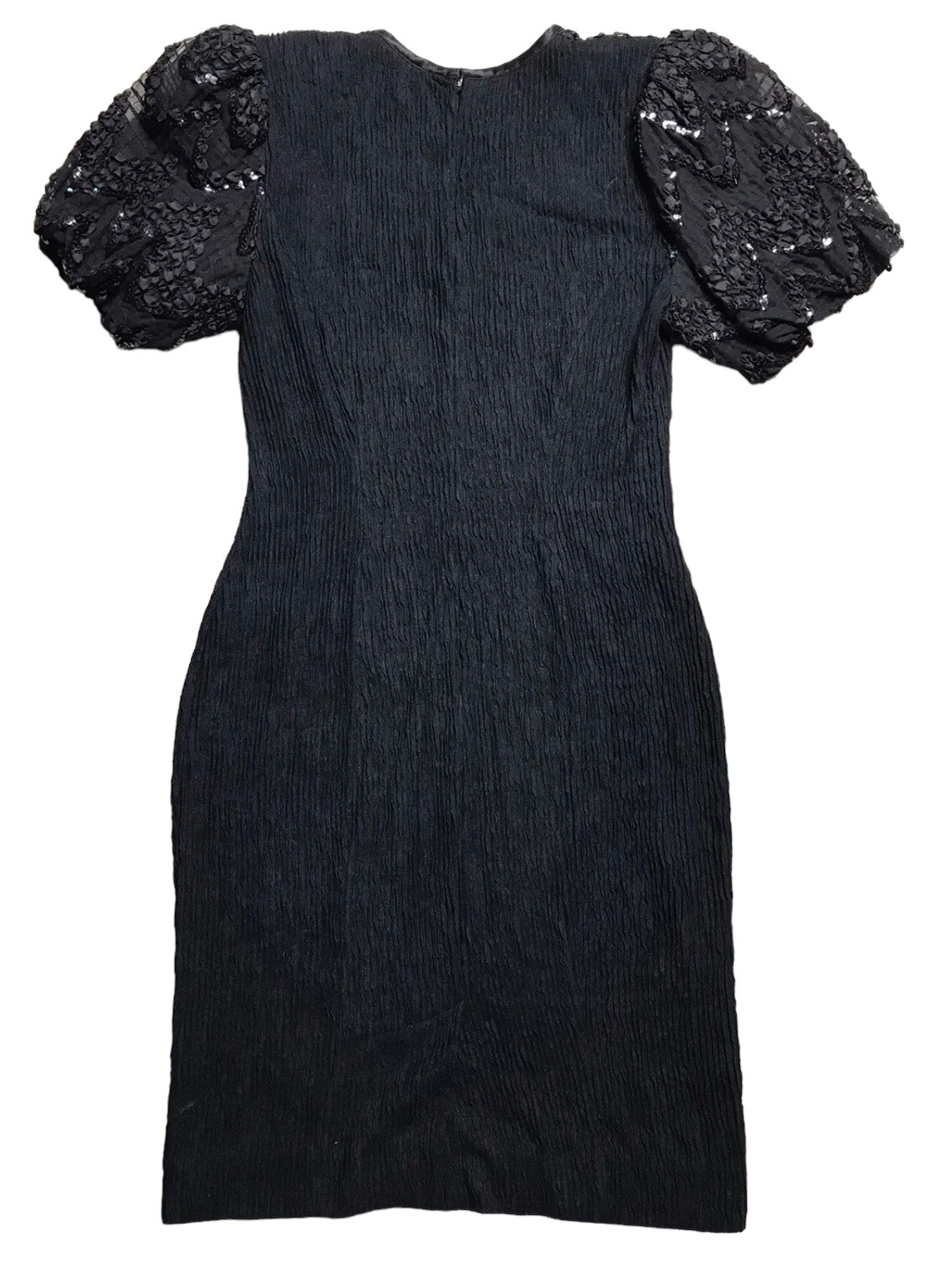 Vintage 80s Leslie Fay Petite Smocked Sequin Black Dress Short Sleeve 4 P Small