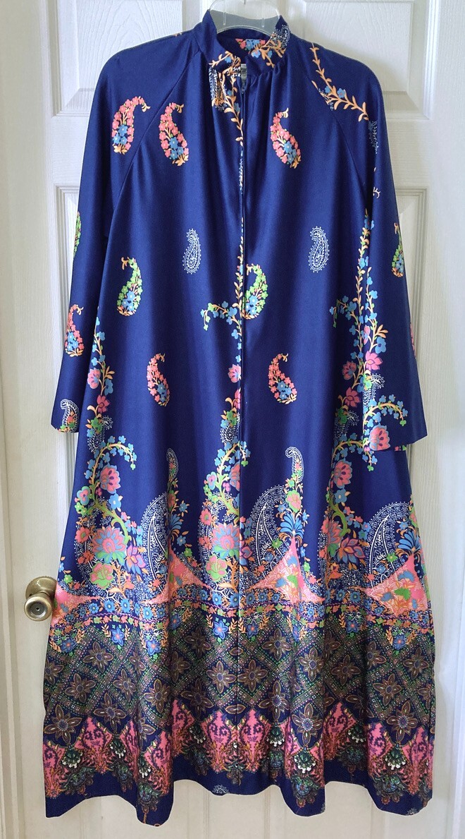 Vintage Christian Dior Saks Fifth Ave Navy Flower Paisley Gown Lounge Wear Sz M