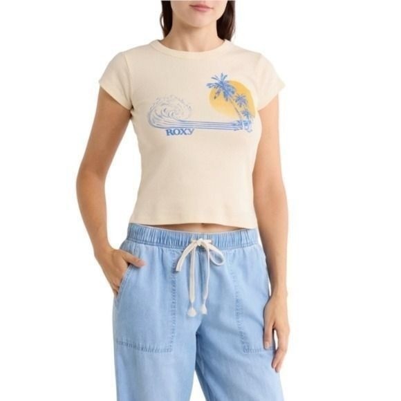 Retro Surf Lifestyle Roxy Wave Stripe Rib Graphic T-Shirt Size XLarge