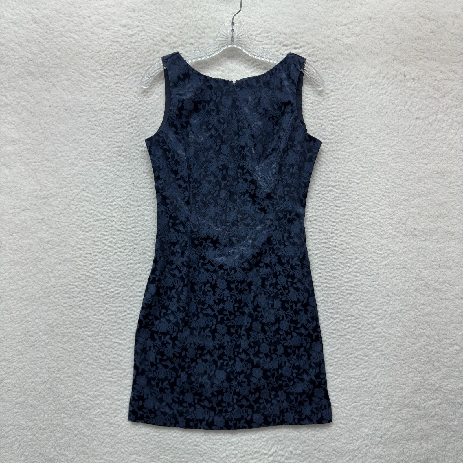 90s Vintage Jacquard Brocade Mini Dress 8 M Medium Navy Blue Floral Royal