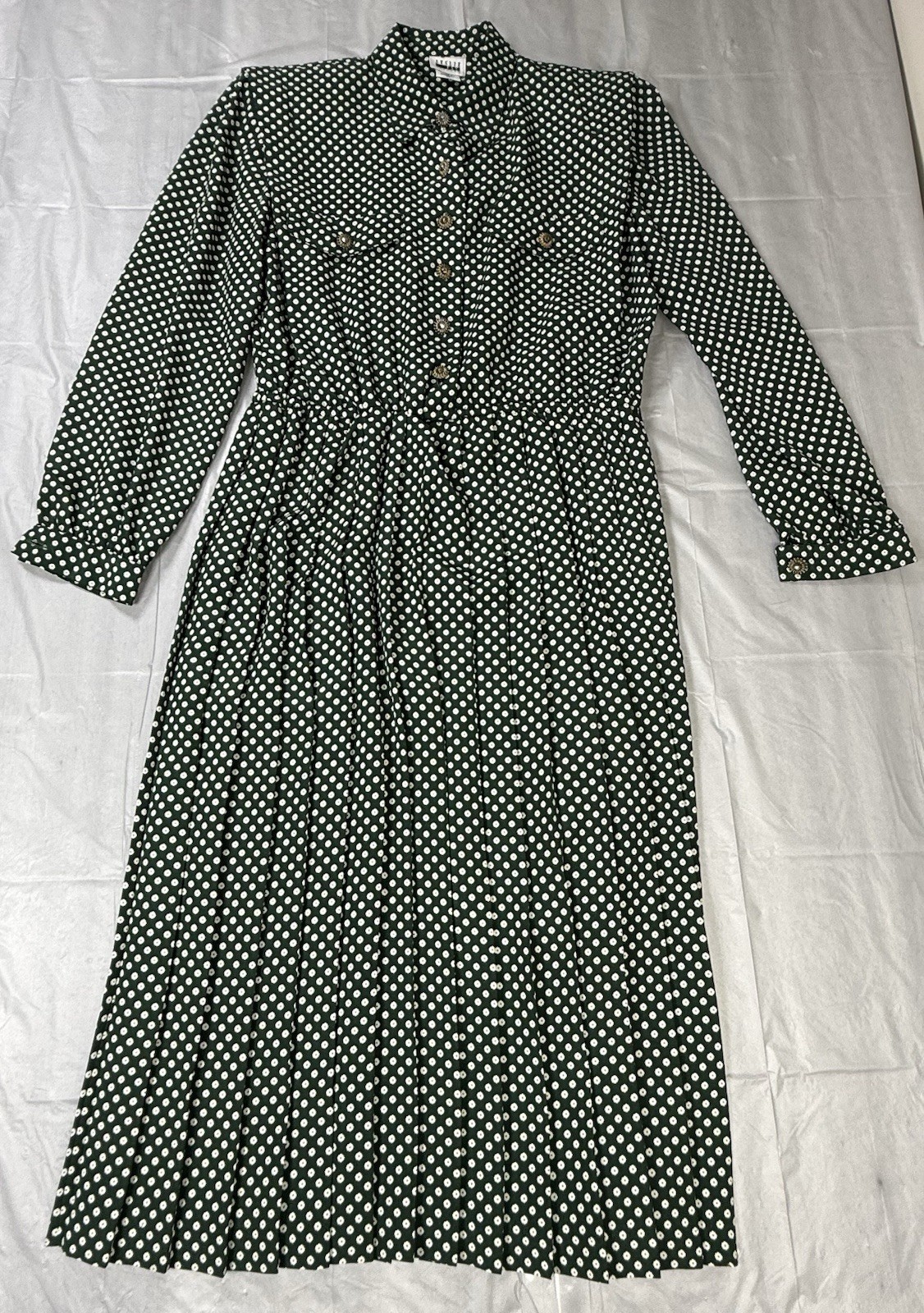 Vintage 80s Leslie Fay Hunter Green Polka Dot Midi Secretary Dress – Size 10 EUC