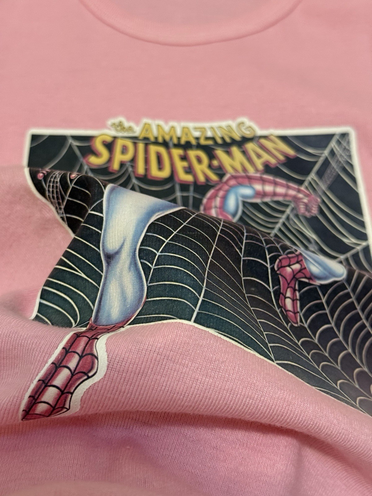 Vtg 70s Baby Doll TShirt Pink The Amazing Spiderman XS Single Stitch Polycotton