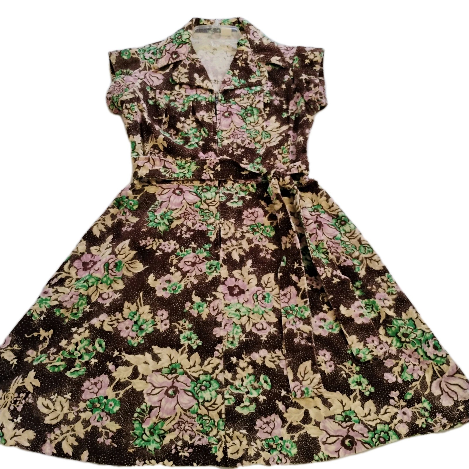 Vintage 1970s Retro Dress Brown Floral Corduroy Fabric Women’s Size Small