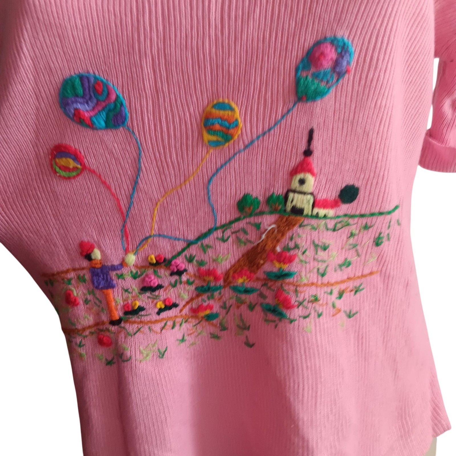 True Vintage 1970’s Top Large Pink Embroidered Balloon Village Boho Disco Hippy