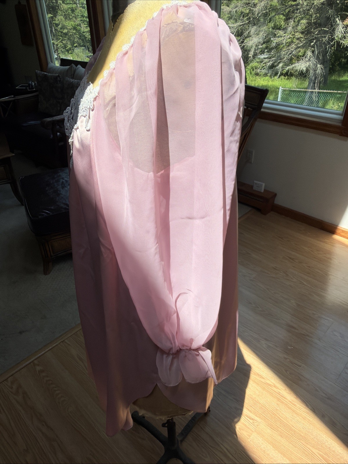 Vintage 1980s Miss Dior Pink Satin Nightgown Lace Yoke Long Sleeve Coquette