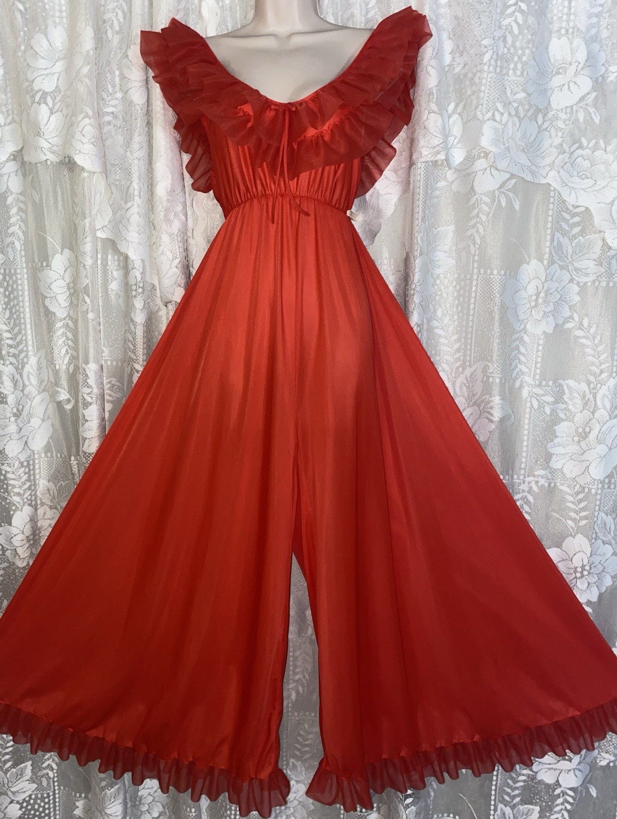 Vtg RARE M L RED Soft Nylon PALAZZO Romper Jumpsuit Nightgown w Chiffon RUFFLES