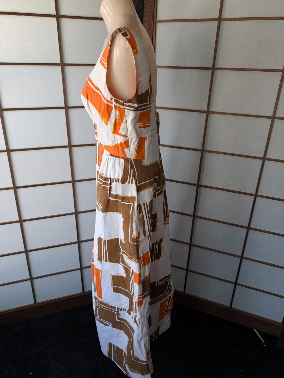 Vtg 1970s Island Casuals Hawaiian Maxi Dress Muu Muu Abstract Graphic Print S/M