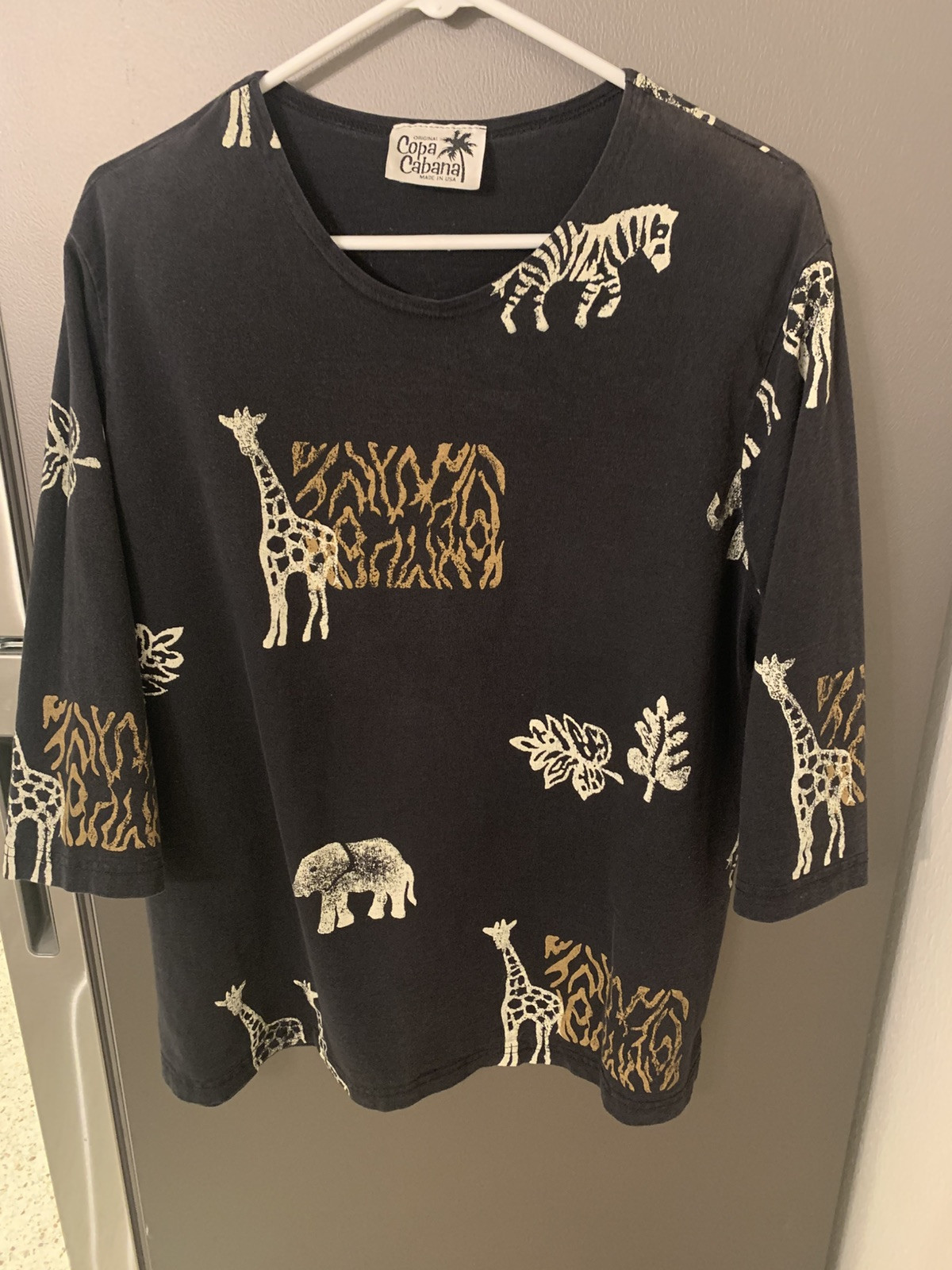 Vtg Copa Cabana T-Shirt Black Pullover Tunic Animal Print Woman XL Tribal Casual
