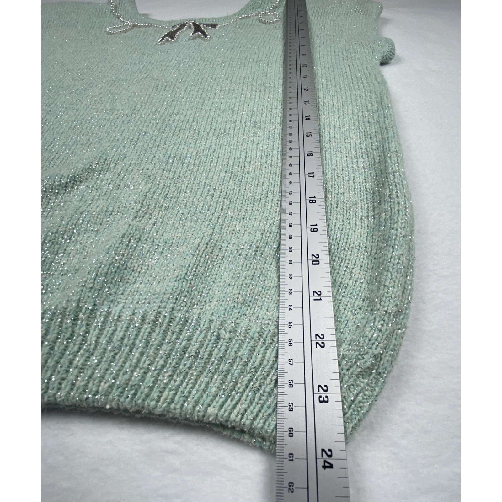 Vintage Heidi Mint Green Metallic Knit Silk Angora Wool Beaded Bow Top L