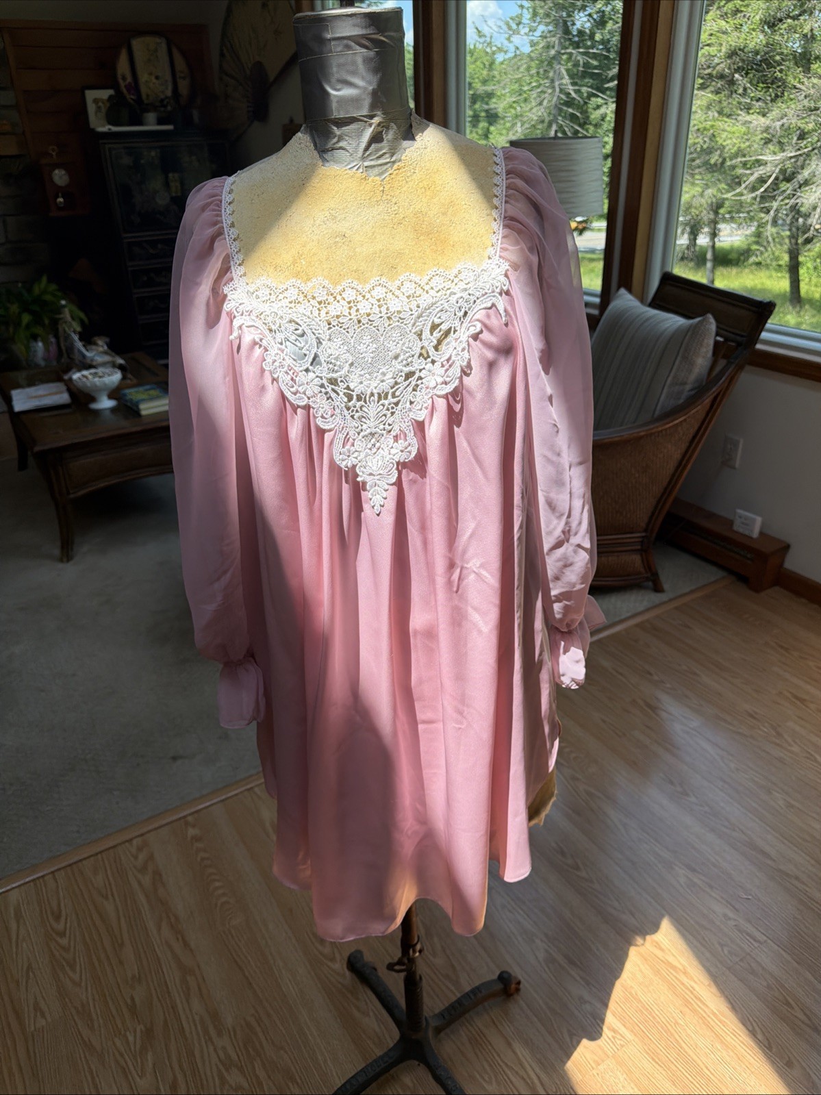Vintage 1980s Miss Dior Pink Satin Nightgown Lace Yoke Long Sleeve Coquette