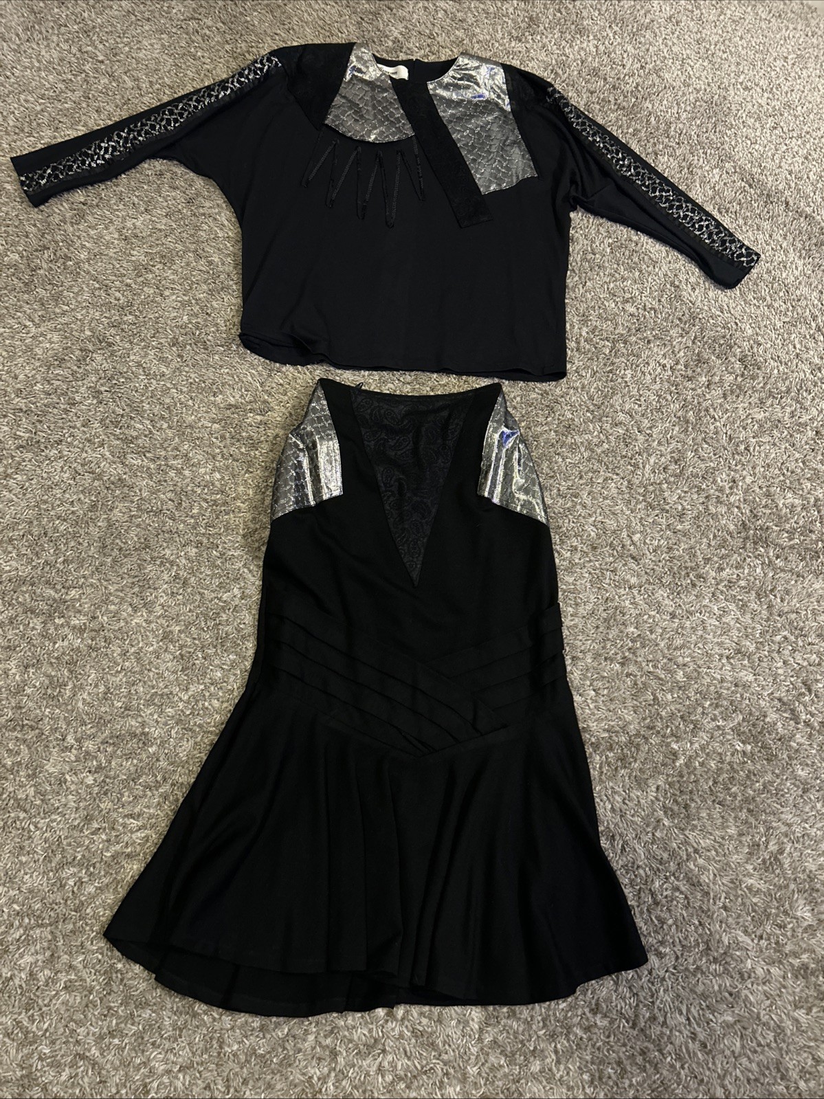 VTG Leadermode 2pc Skirt Set M Black Silver Metallic 80s 90s Goth Party Edgy