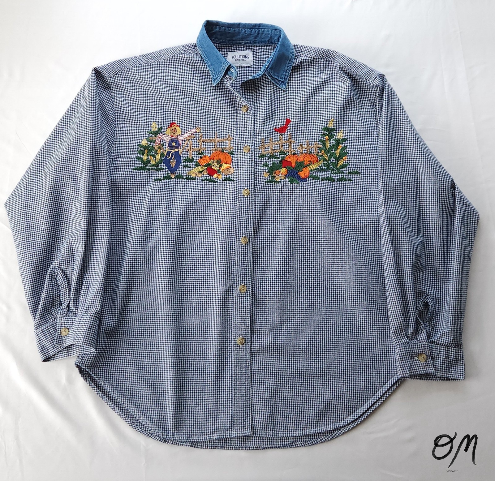 Solutions Vtg Scarecrow Pumpkins Embroidered Cottagecore Button Up Shirt
