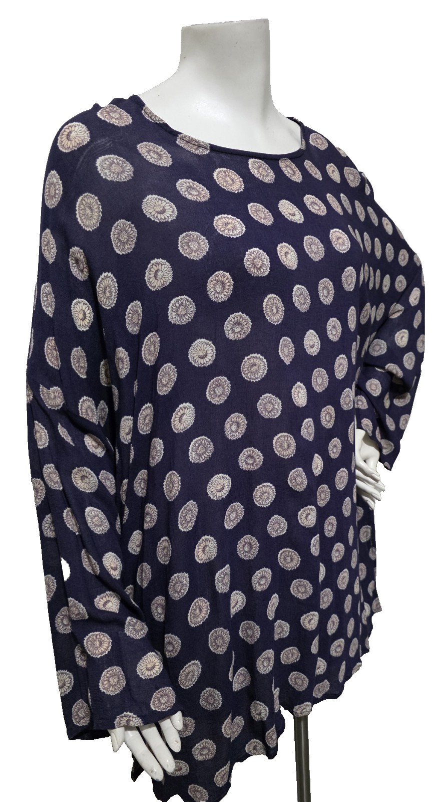 SU-ZEN OS Top Tunic Navy Floral Dots Pullover Semi-Sheer ’90s Art To Wear Boho