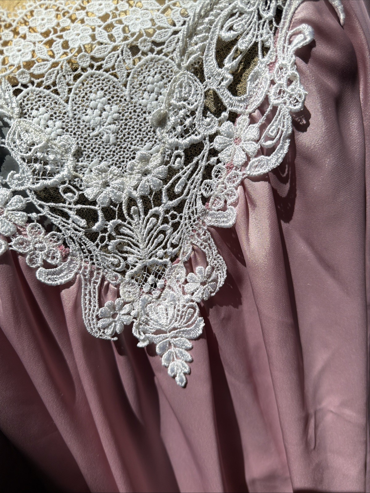 Vintage 1980s Miss Dior Pink Satin Nightgown Lace Yoke Long Sleeve Coquette