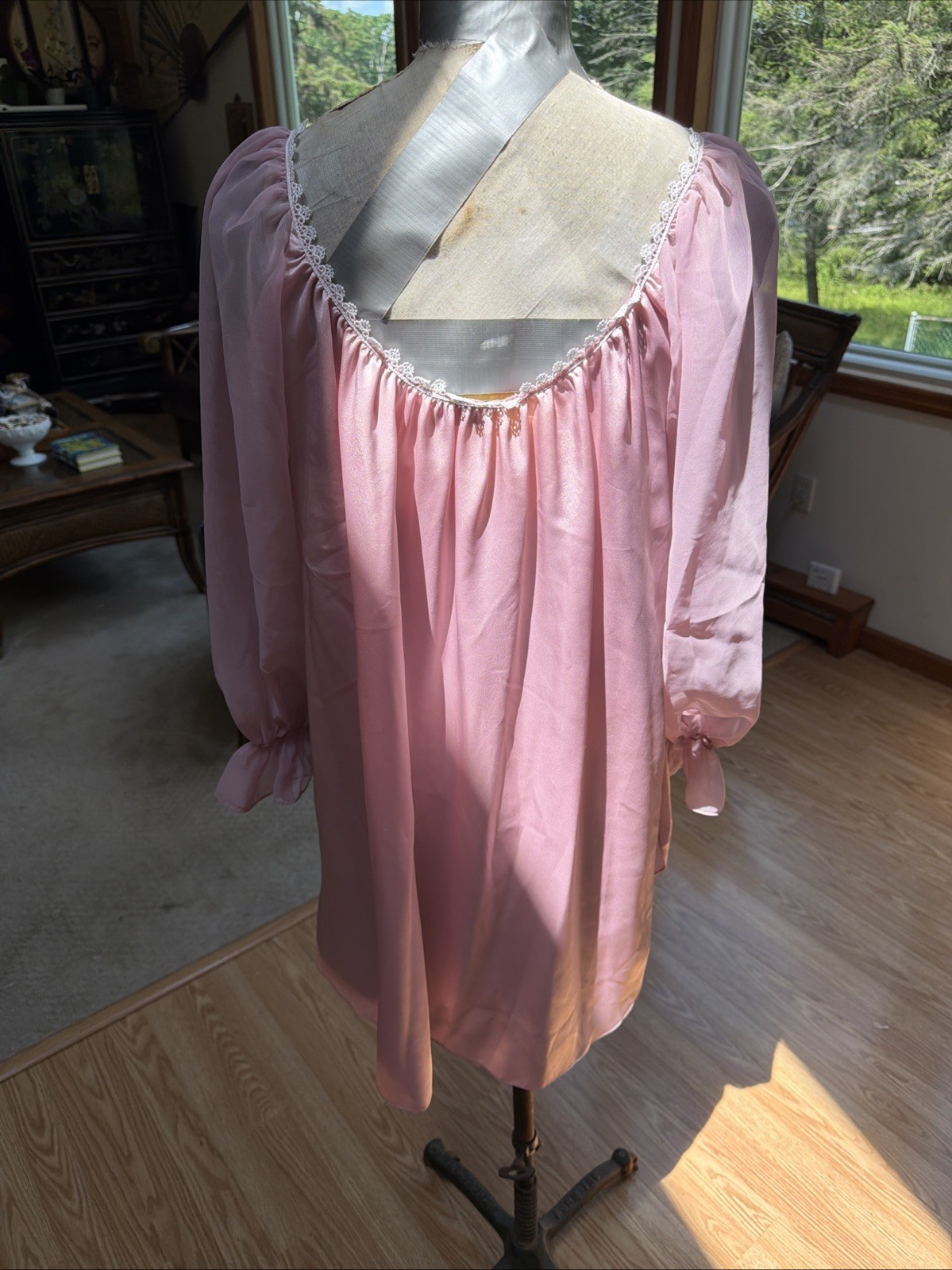 Vintage 1980s Miss Dior Pink Satin Nightgown Lace Yoke Long Sleeve Coquette