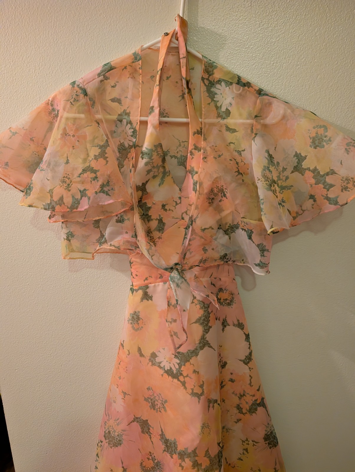 Vintage 1960’s Floral Chiffon Halter Maxi Dress W Cape Sz 7 Union Made.Cottage