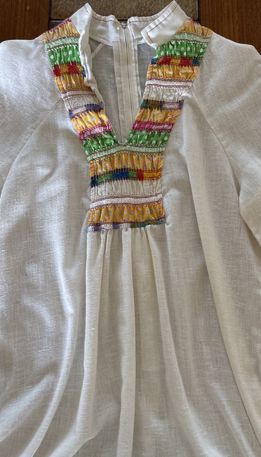 Vintage 1970s Maxi Caftan Dress Cotton Muslin Embroidered Smocked Sz M Excellent