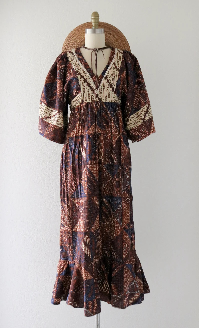 70s Young Innocent by Arpeja Batik Prairie Boho Dress Bell Sleeves – Sz X Small