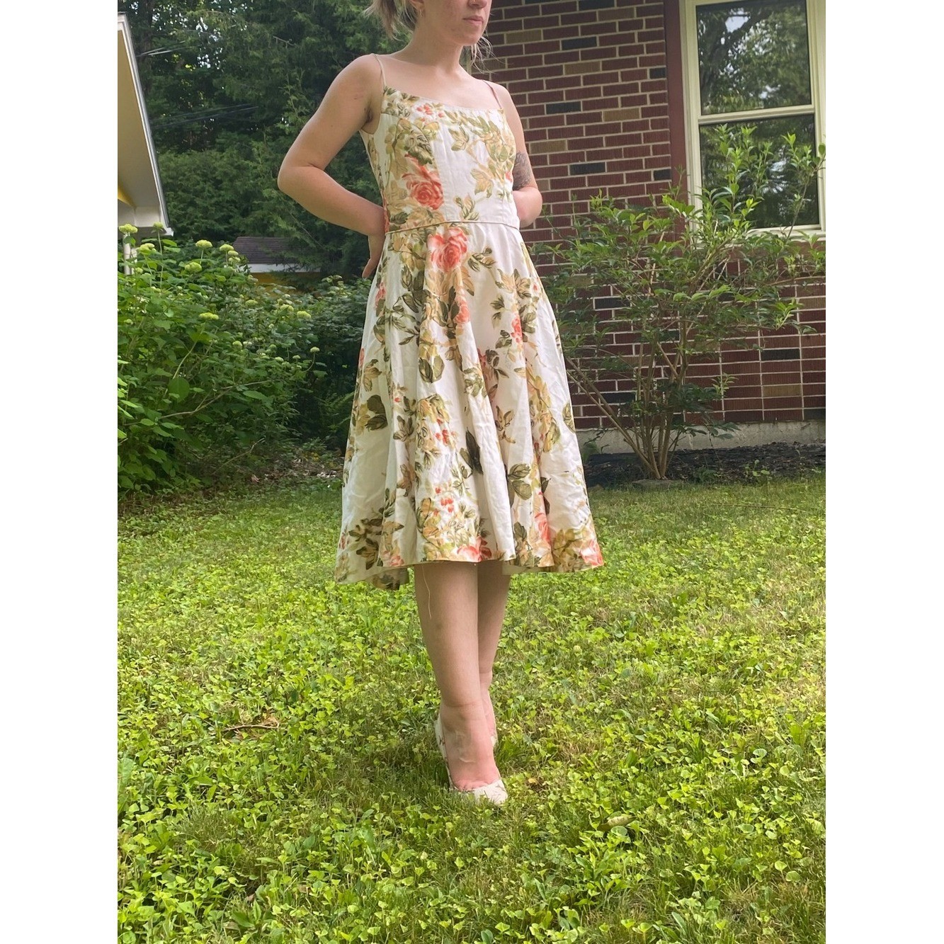Milly Floral 50s Style Midi Dress in Cream Pink Floral 100% cotton Y2k Vintage