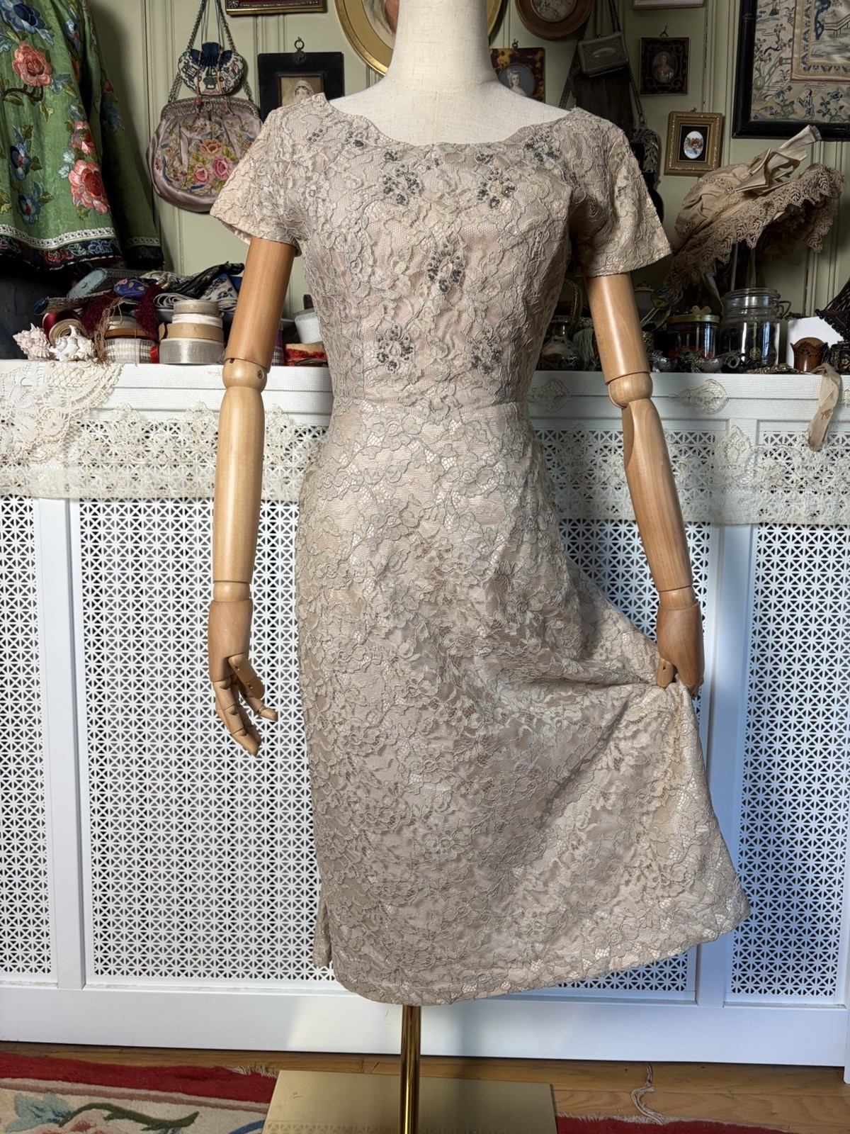 Vintage 1950s Grey Lace Dress, Beaded Details