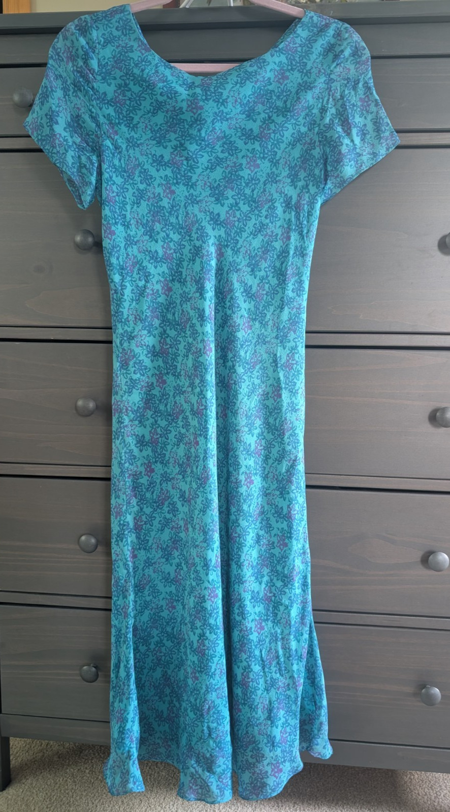 David Warren Petite Silk Floral Midi Dress Teal Purple Cutout Back Size 6P