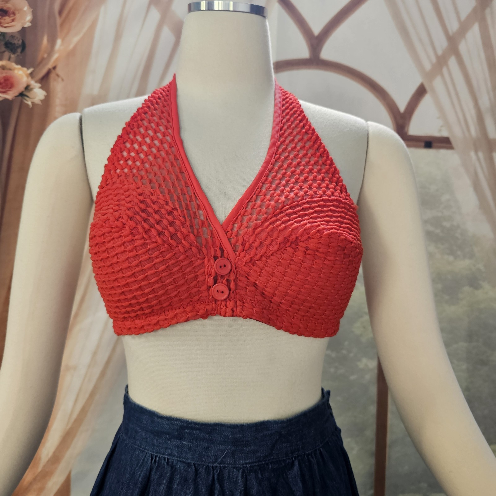 Vintage 1960’s Halter Top Bikini Crimson Red Lace De Luxe Fashions Retro